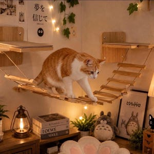Op de afbeelding: Een aan de muur gemonteerde kattenbrug van lichtgekleurde houten latten, opgehangen aan touwen tussen twee houten platforms. Een oranje-witte kat loopt over de brug. De structuur is bevestigd aan een muur met decoratieve posters en lichtsnoeren.