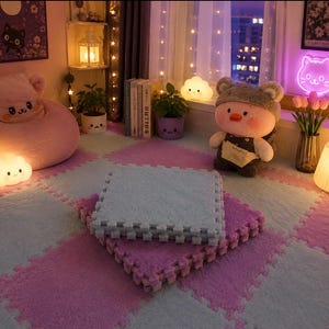Cozy Checkerboard Foam Rug Tiles – Plush Interlocking Floor Mat for Bedroom, Kawaii Room Decor, Soft Pastel Puzzle Carpet, TikTok Room Aesth