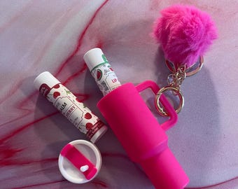 Miniature Stanley Tumbler Keychain: ChapStick Holder with Pompom