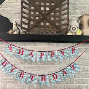 Rustic Gingham &quot;Happy Birthday&quot; Banner with Red Letters & Crawfish