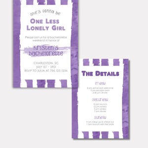 One Less Lonely Girl Bachelorette Invite & Itinerary | Purple Editable Corjl Template