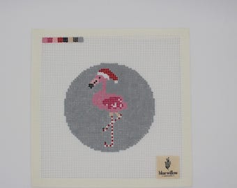 Toile de broderie flamant rose des fêtes peinte à la main, toile d'ornement de flamant de Noël ronde de 13 mailles, flamant rose, peint à la main