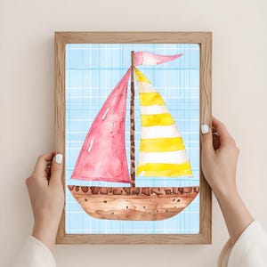 Watercolor Sailboat Printable Art – Nautical Kids Room Decor – Coastal Boat Wall Art – Digital Download
