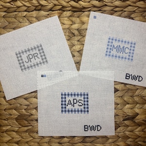 Custom Monogram Needlepoint Canvas – Gingham Border, 13 Mesh, Handpainted, Choose Colors & Initials
