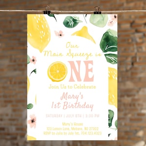 Lemon First Birthday Invitation Girl | Our Main Squeeze is ONE | Editable Corjl Invite | Summer Citrus Party Template
