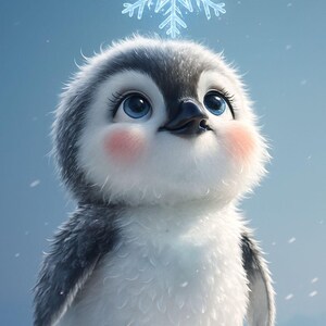 Adorabile cucciolo di pinguino che ammira un fiocco di neve Sfondo digitale