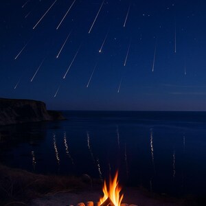 May include: A night scene with a campfire in the foreground and a meteor shower in the sky. The campfire is surrounded by stones, with flames rising. The sky is dark blue, with numerous streaks of light representing meteors.