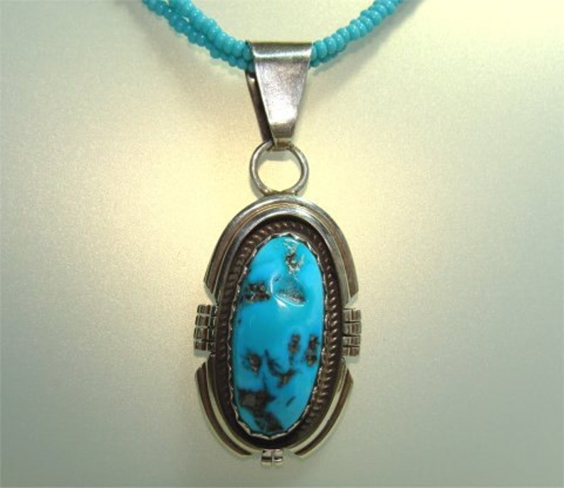 Navajo Handmade Pendant Kingman TURQUOISE STERLING Silver FREE image 1