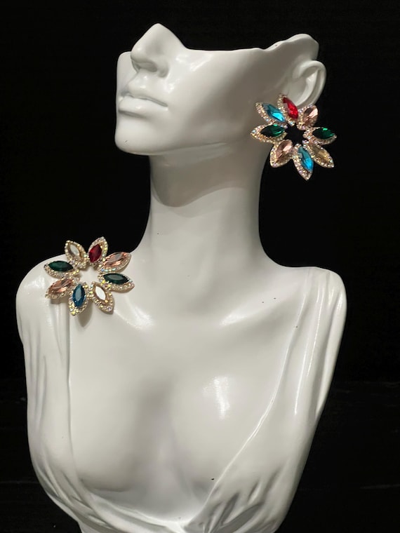 Bold, Multicolor Crystal Flower Stud Earrings | R… - image 1