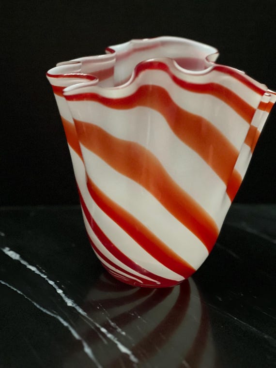 Beau Rivage Vintage glass handkerchief vase with a red and white peppermint stripe design.