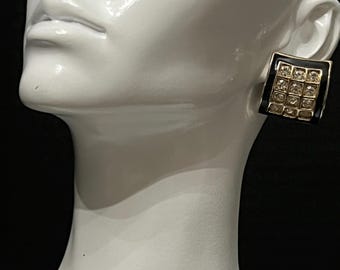 Vintage 80s Black Enamel Crystal Clip On Earrings, Gold Tone