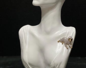 Vintage Rhinestone Poodle Brooch with Gold-Tone Accents & Green Eyes