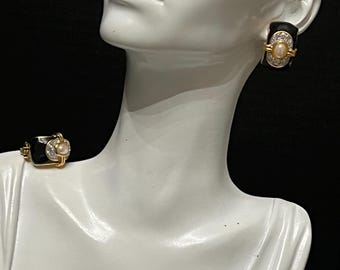 Vintage Black Enamel Faux Pearl Crystal Clip On Earrings, Unsigned Statement Costume Jewelry, 1.5 Inch