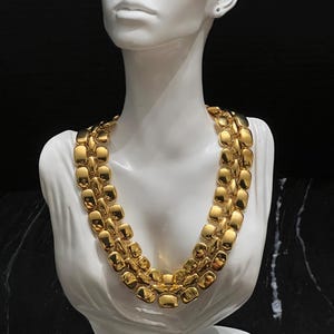 Vintage 1980s Chunky Gold Panther Link Choker Necklace, 17 Inch Bold Three Row Statement Collar, Retro Modernist Runway Cocktail Jewelry