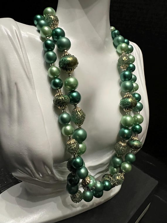 Vintage Green Beaded Necklace: Mid-Century Japan … - image 4
