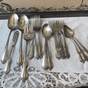 Könnte beinhalten: Ein Set aus silberfarbenem Edelstahlbesteck mit einem Blumenmotiv am Ende jedes Griffs. Das Set enthält verschiedene Löffel, Gabeln, einen geschlitzten Servierlöffel, ein Buttermesser und eine große Serviergabel mit drei Zinken.