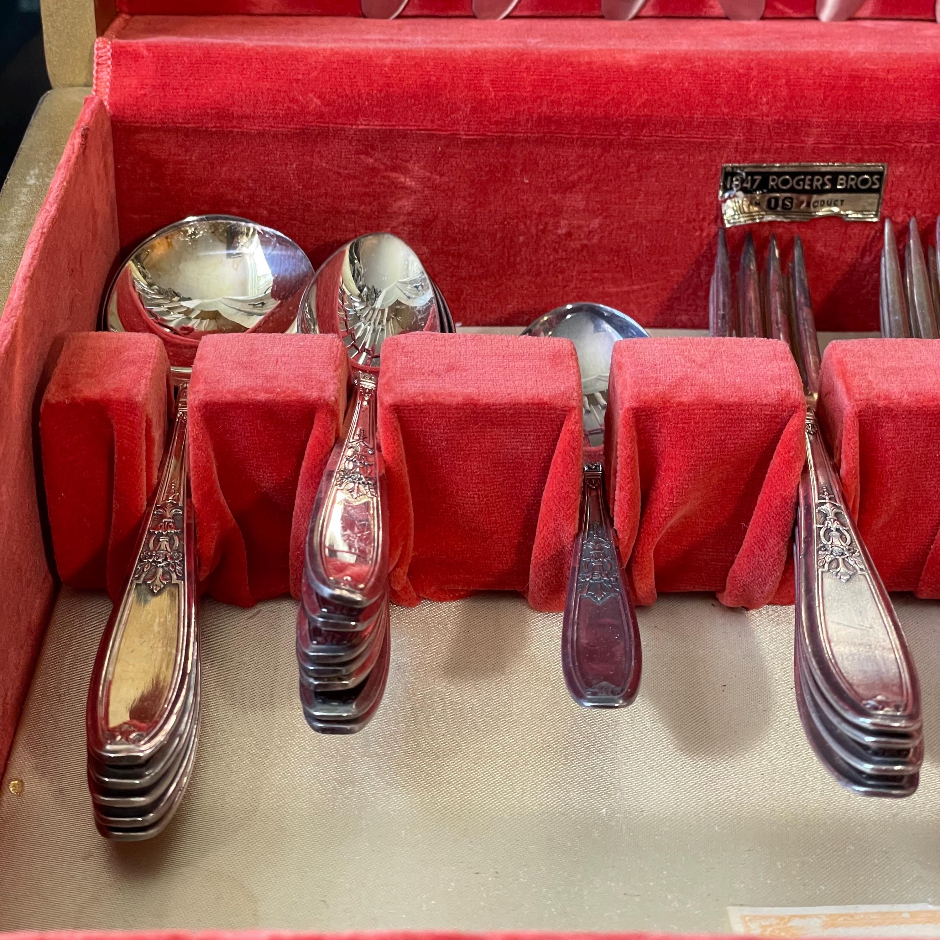 Antique 1847 Rogers Bros. Silverware Set & Ornate Wood Box Art