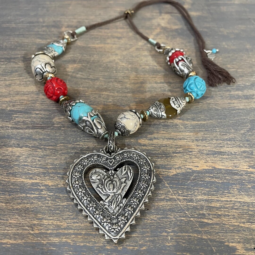 Lucky Brand Silver Heart Chunky Necklace Turquoise & Red Coral