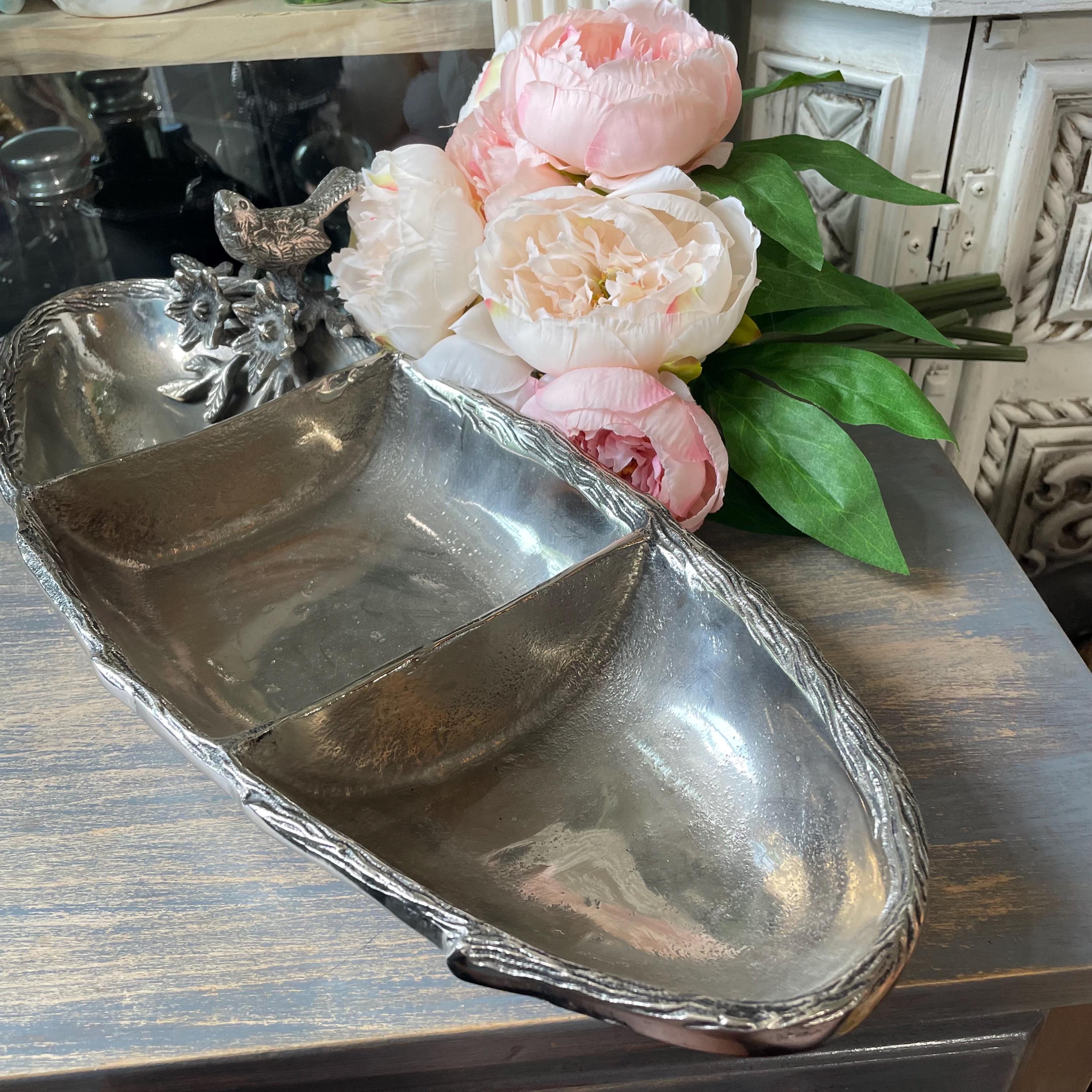 Vintage Silver Metal Divide Tray Bird & Flowers Appetizer Trinket