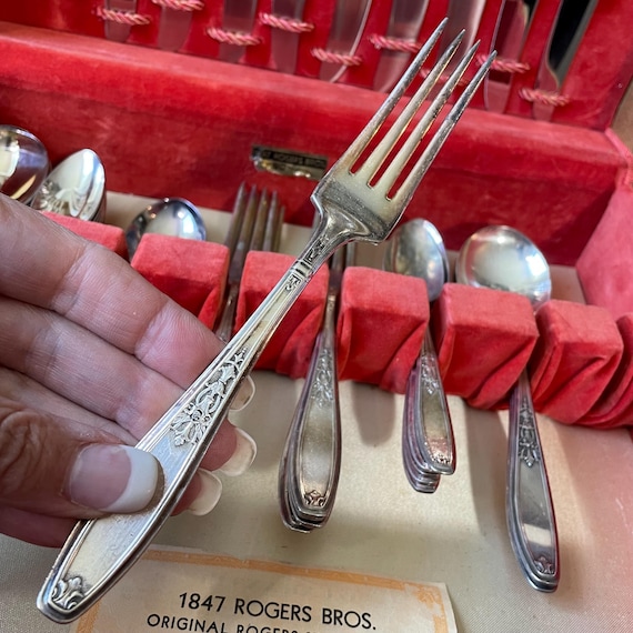 Antique 1847 Rogers Bros. Silverware Set & Ornate Wood Box Art