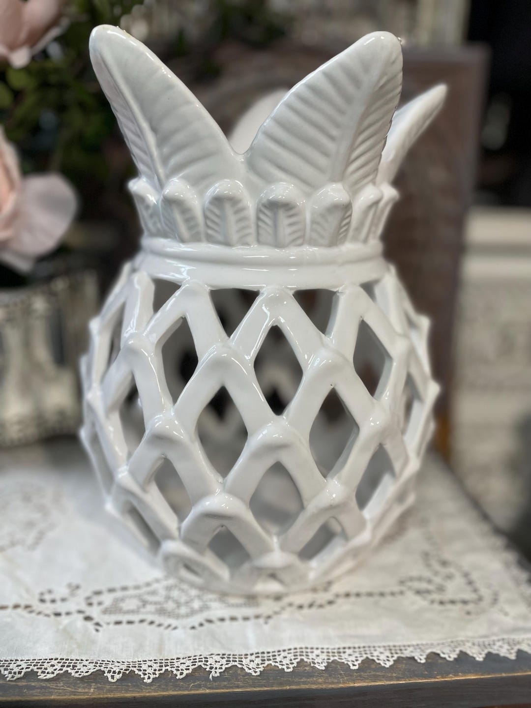 Apropos White Ceramic Lattice Pineapple Vase Container Decor ...