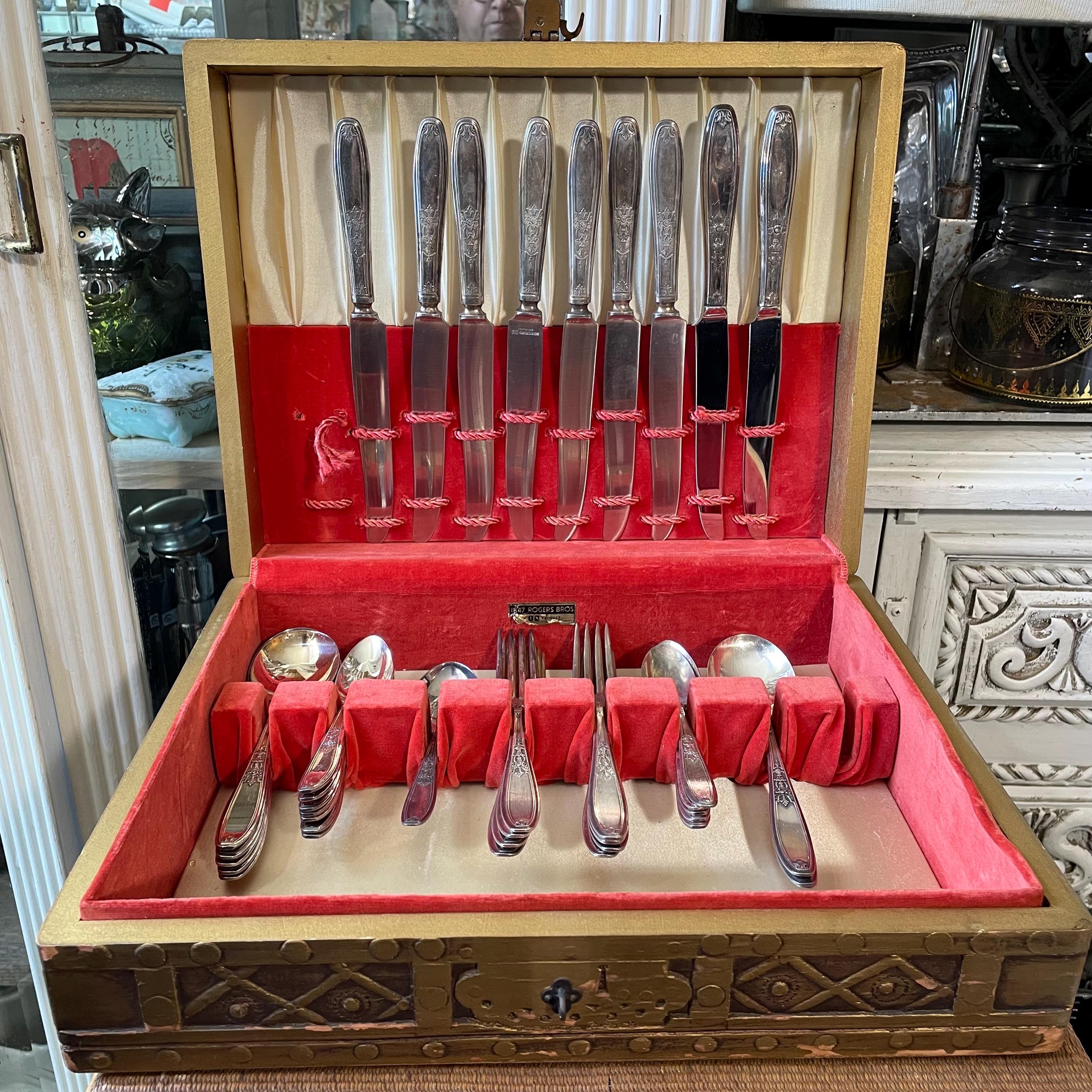 Antique 1847 Rogers Bros. Silverware Set & Ornate Wood Box Art