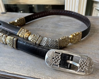 BRIGHTON Celtic Knot Black Embossed Weave Leather Belt Reversible M/L 32