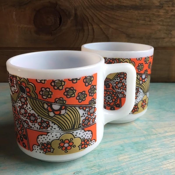 Vintage Coffee Mugs White & Orange Set Of 2