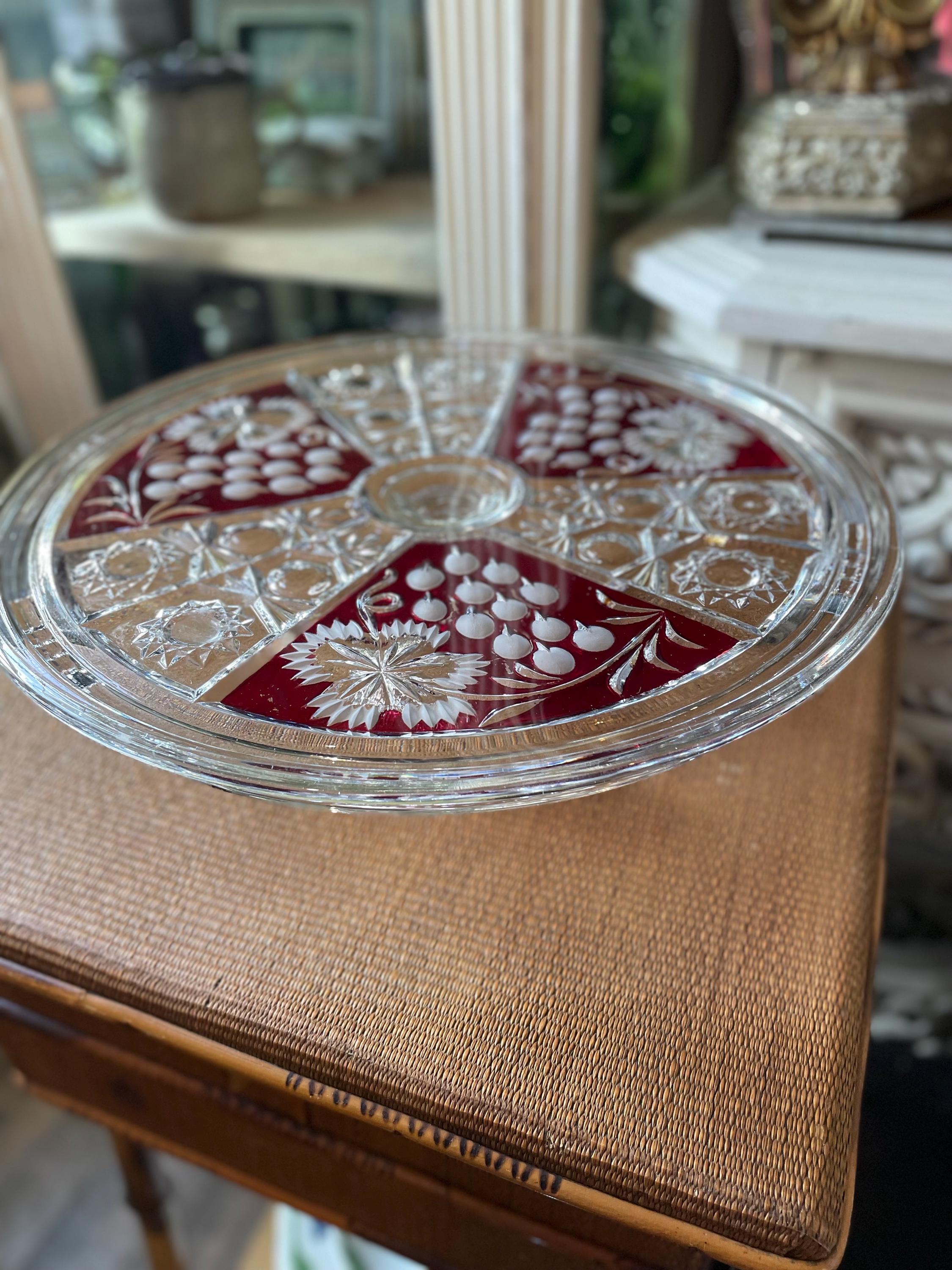 ＊ANNA＊Antique cake plate・* ② Anna Hütte Vintage Crystal Floral Cake Plate Flower Red