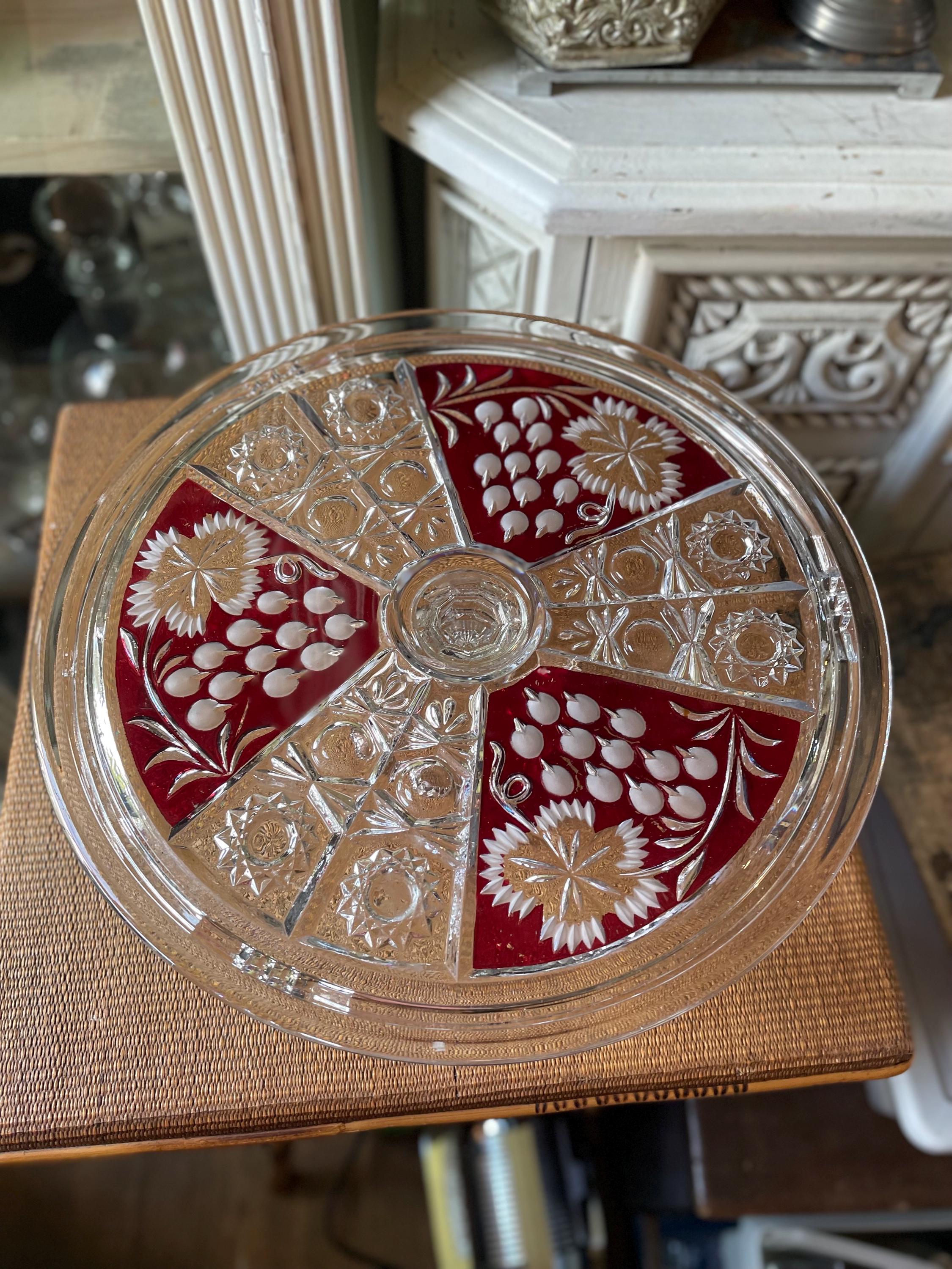 ＊ANNA＊Antique cake plate・* ② Anna Hütte Vintage Crystal Floral Cake Plate Flower Red Panels