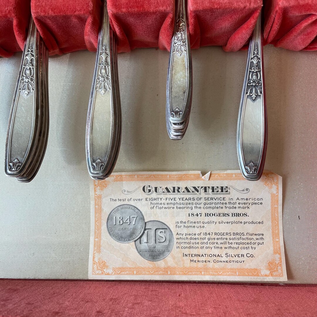 Antique 1847 Rogers Bros. Silverware Set & Ornate Wood Box Art