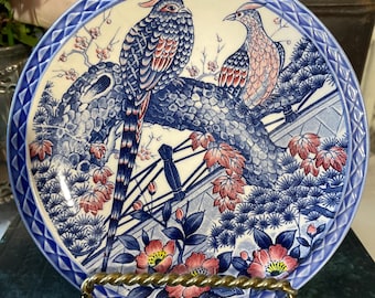 vintage Asahi Japans bord vogels bloemen blauw rood Aziatisch chinoiserie-decor