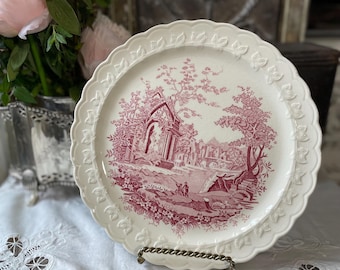 Plato llano de cerámica blanca y roja de English Abbey Red Taylor Smith & Taylor, estilo campestre francés.