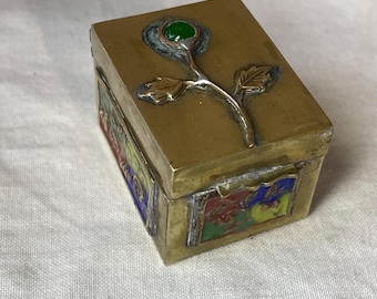Vintage gold brass pill box enamel flowers