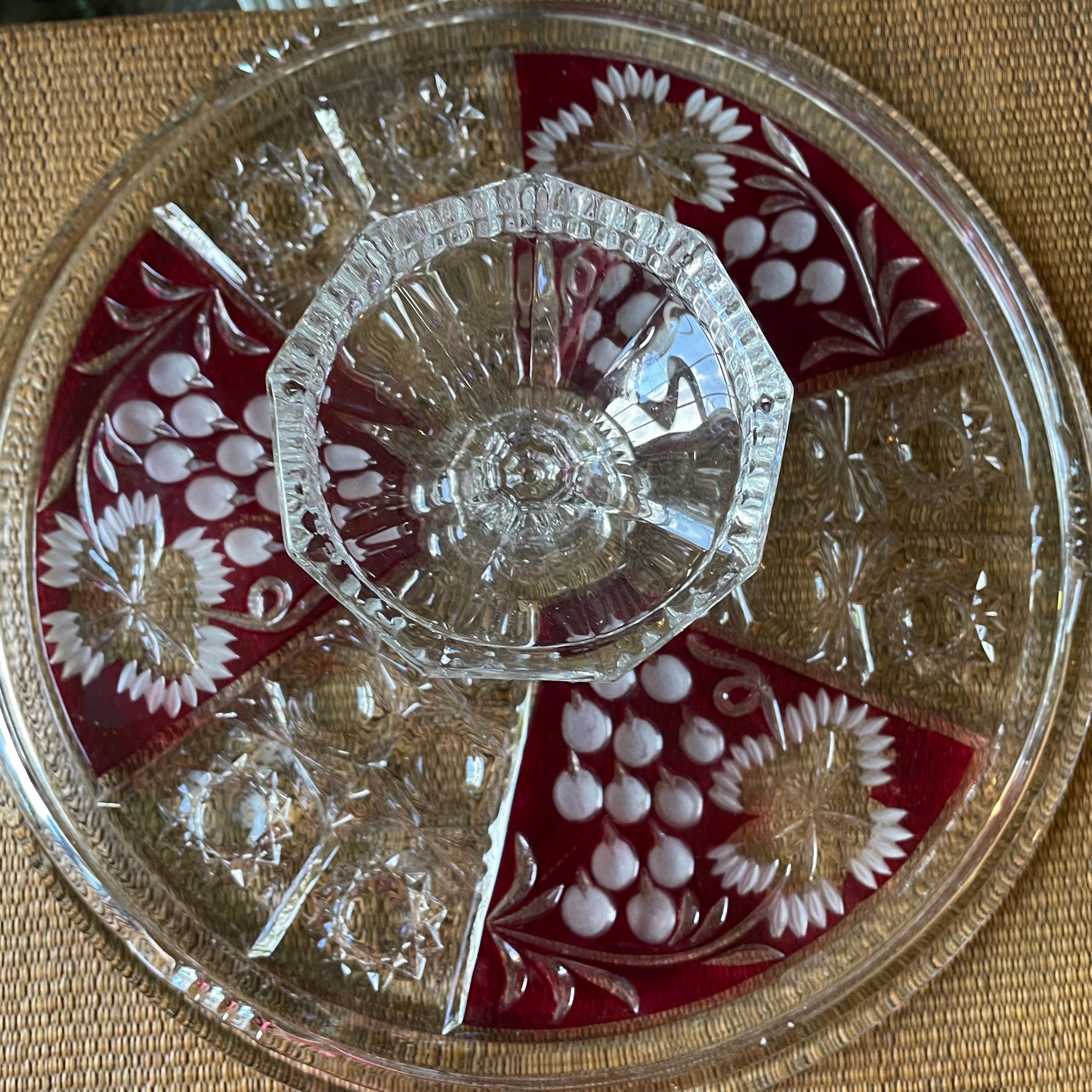 Anna Hütte Vintage Crystal Floral Cake Plate Flower Red Panels