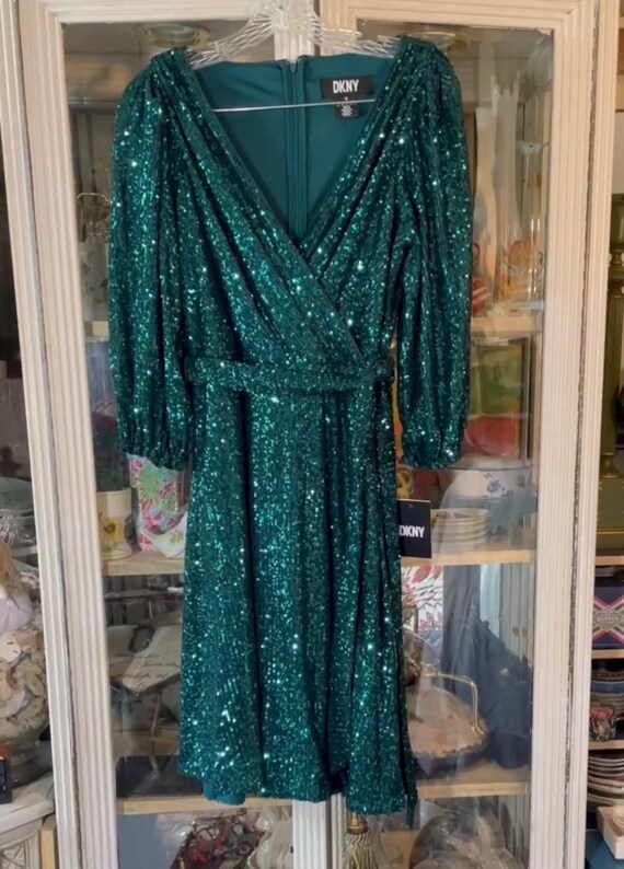 dkny green wrap dress Long-Sleeve Sequin Faux-Wrap - Emerald V neck