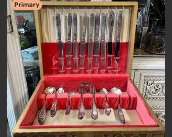 Antique 1847 Rogers Bros. Silverware Set & Ornate Wood Box Art