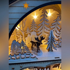 May include: A wooden Christmas scene with a moose figurine, snow-covered trees, and a star. The scene is illuminated by warm lights, creating a cozy, festive atmosphere. The design is intricate, with detailed cutouts.
