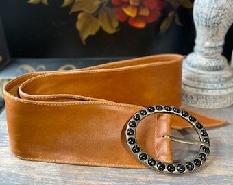 vintage brown leather wide belt Italy brass buckle M/L