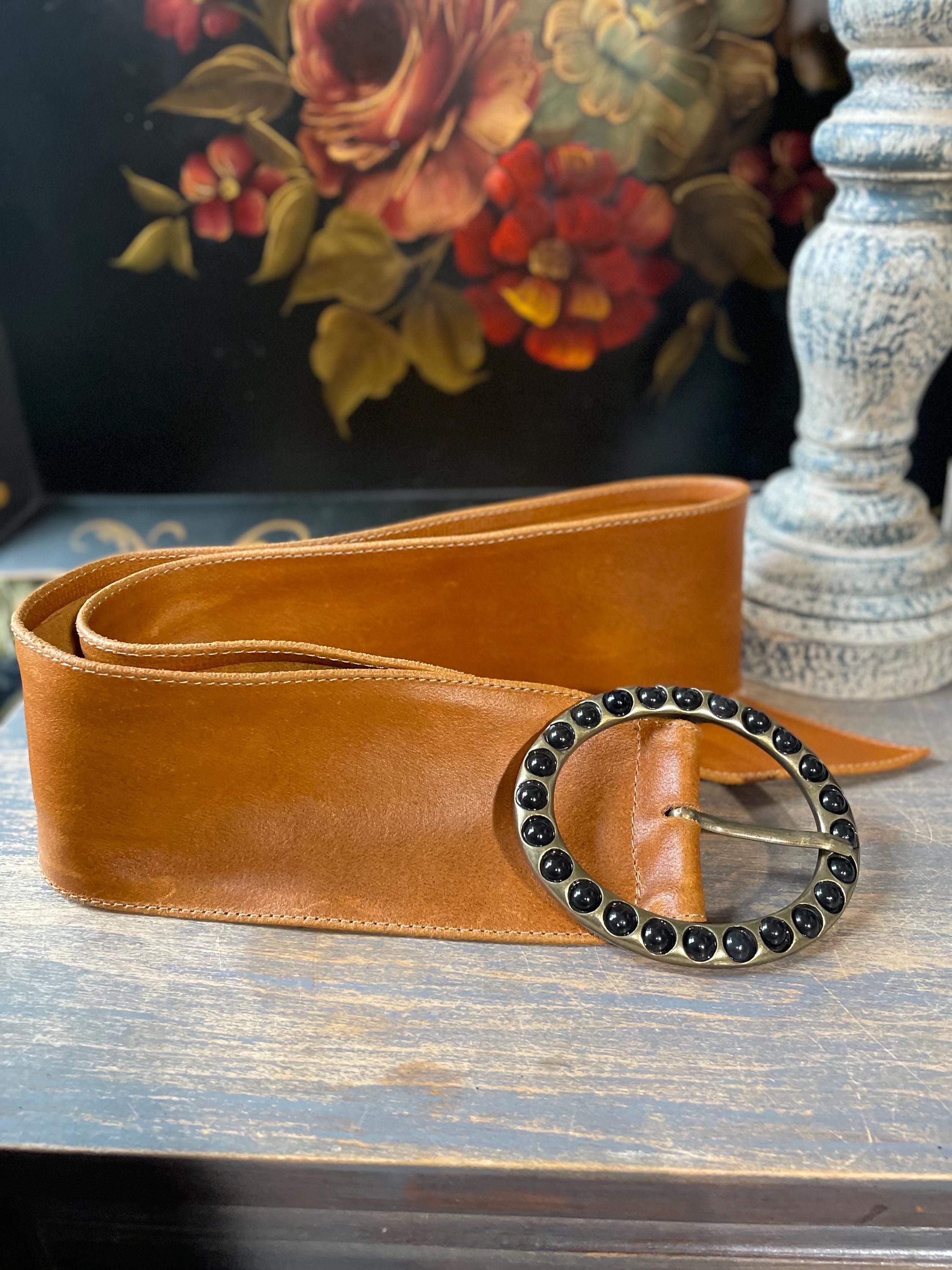 Vintage August Max Statement Wide Brown Leather Belt With Discs Made In Italy BOSS - Italian-leather belt with rounded buckle - Brown main image 3