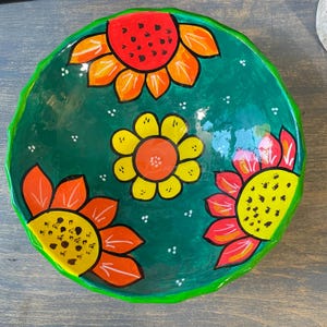 bright color daisy flowers Mexican pottery bowl signed