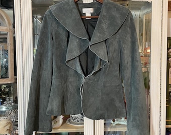 Giacca blazer da donna vintage Spiegel in pelle scamosciata grigia, taglia 8, taglia media