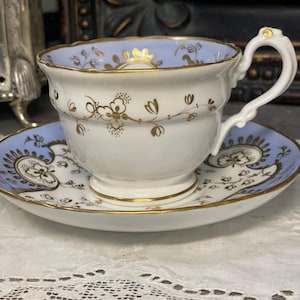 Teacup Saucer plate white lavender blue gold vintage fine China tea cup 4847