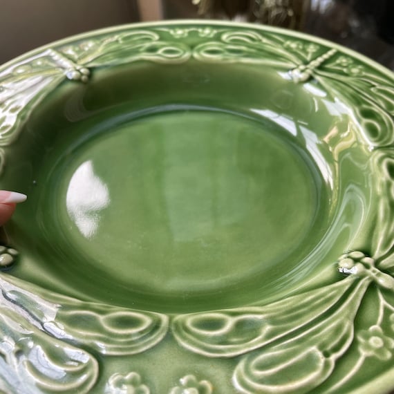 Vintage Bordallo Pinheiro Green Ceramic DRAGONFLY Large Rimmed
