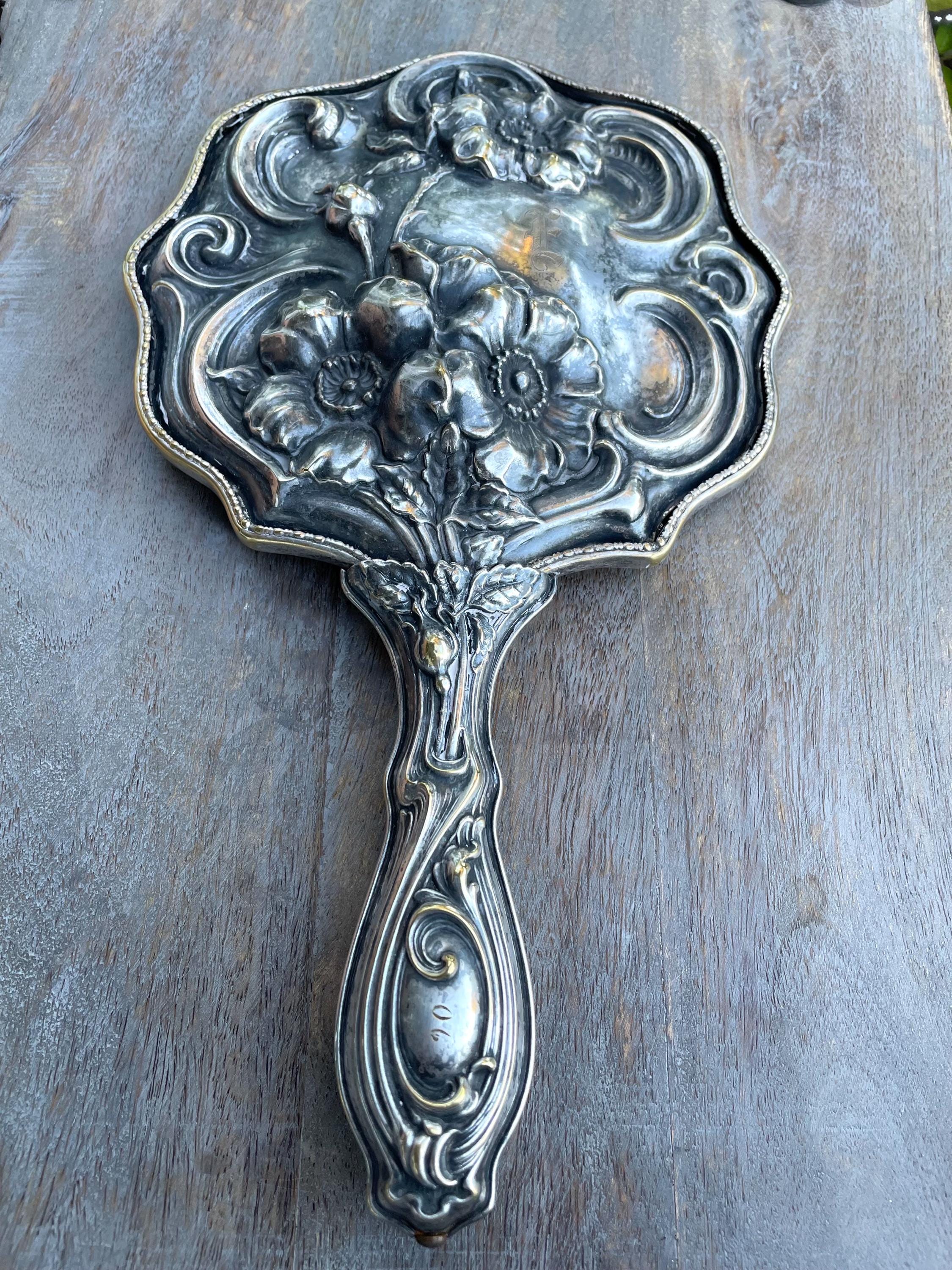 Antique Art Nouveau Silver Floral Hand Held Mirror Vanity Decor