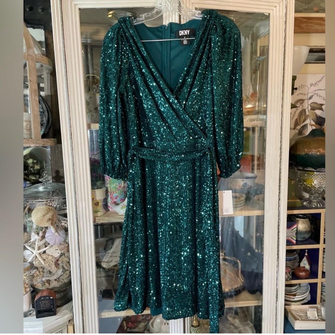 DKNY Long-Sleeve Sequin Faux-Wrap Dress - Emerald