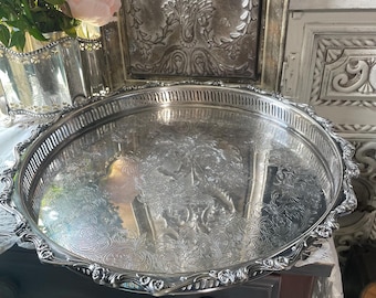 Vintage Webster Wilcox floral etched silver plated large footed tray old money heritage decor
