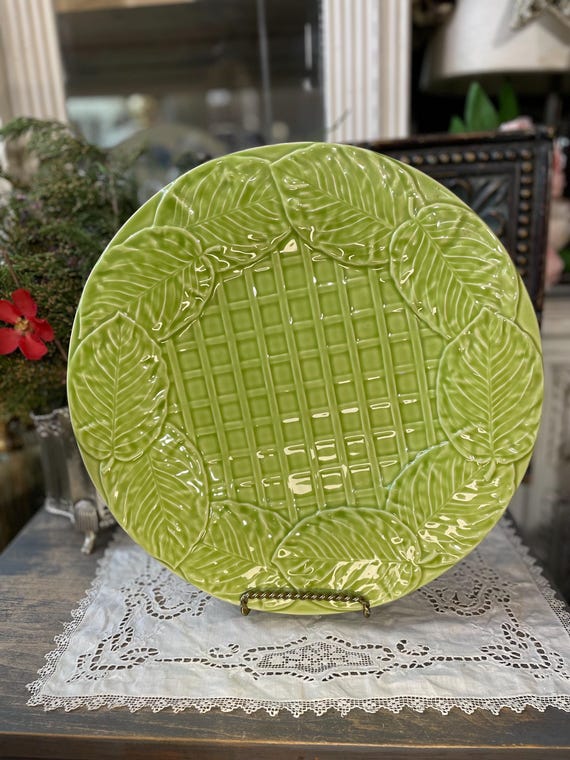 Vintage Bordallo Pinheiro Majolica Light Lime Green Ceramic Basket