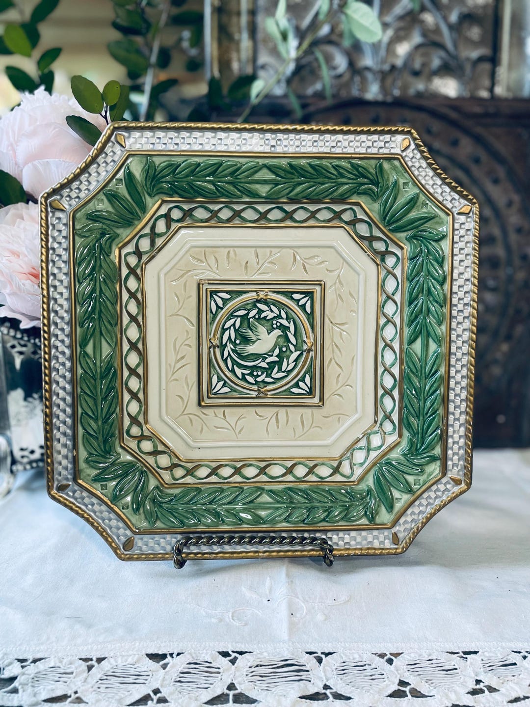 Fitz & Floyd Gregorian Bird White Green Square Plate French Country ...