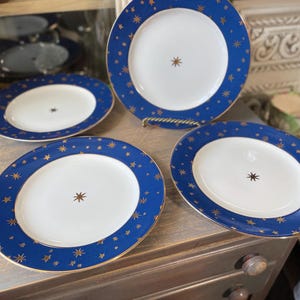 Vintage Galaxy Sakura Holiday 4 Salad Plates 14k Gold Blue Celestial Sun Moon new condition